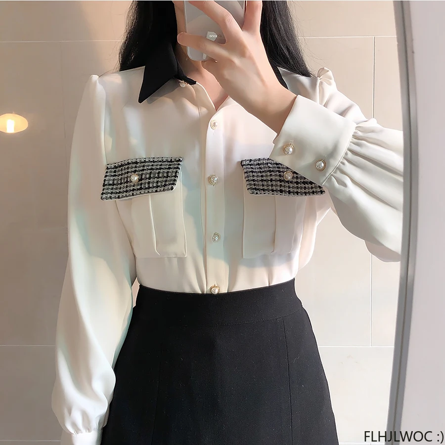 Women 2024 Cute Sweet Tops Pink Korean Japanese Style Design Pockets Long Sleeve Elegant Formal White Button Shirt 3520