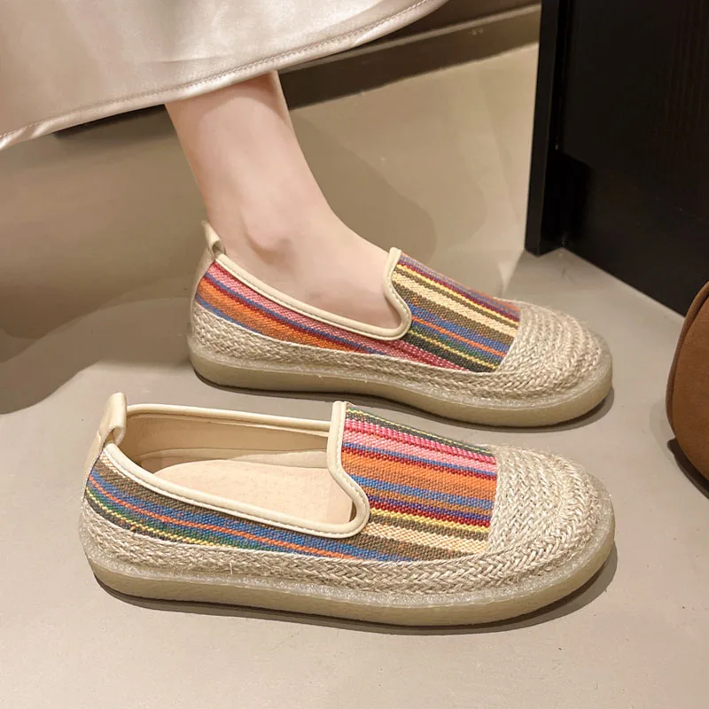 

Эспадрильи для пляжного отдыха, женские туфли на плоской подошве, соломенная парусиновая обувь в радужную полоску, лоферы без шнуровки на мягкой подошве, льняная повседневная обувь