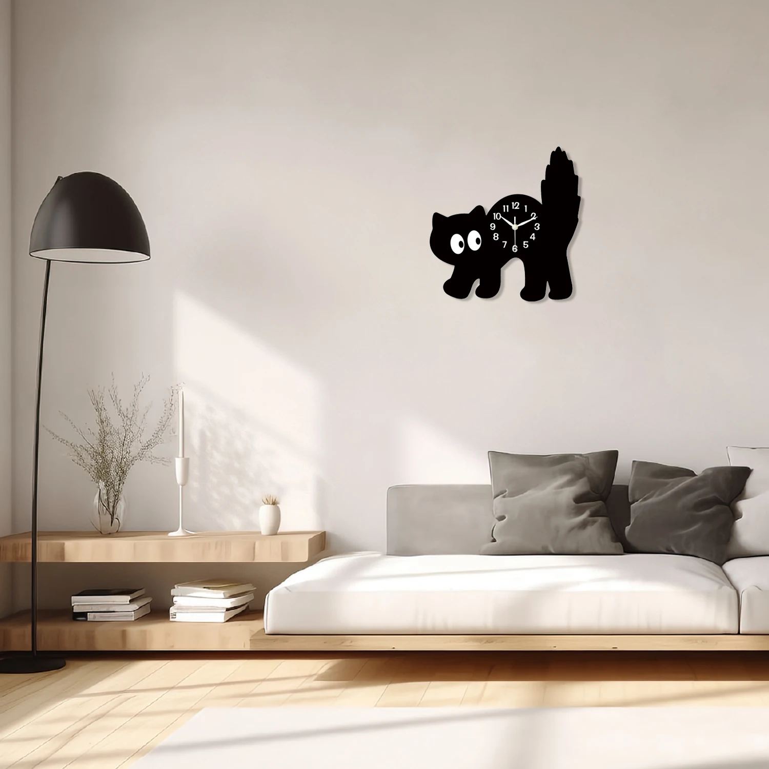 A Fun and Cute Little Black Cat Crystal Porcelain Wooden Wall Clock for Living Room, Bedroom, Kitchen, Home Decoration, Silent Quartz Clock, Holiday Gift 12inch 14inch (No Battery)