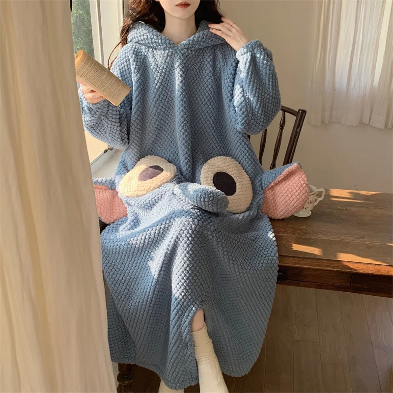 Women's Sweet Cute Cartoon Pajamas Fashionable Hooded Jumpsuit Nightwear Loose Casual Coral Fleece Sleepwear Flannel Home Wear