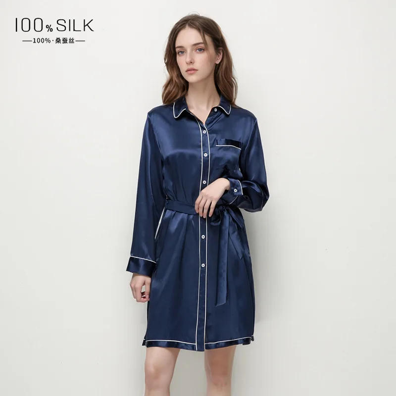 

100% Mulberry Silk Cardigan Nightdress Long Sleeve Nightgown Solid Color Sleep Dress Belted Chemise Nightshirts Sleepwear Nighty