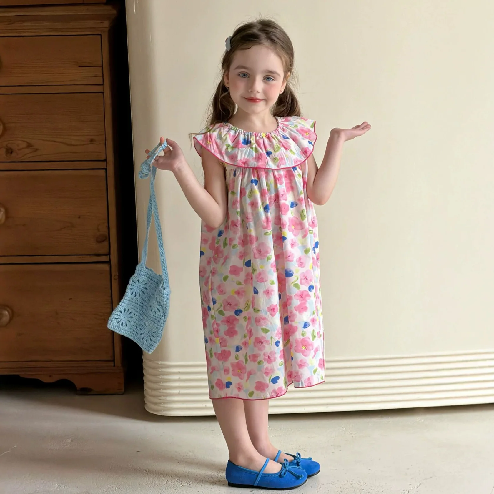 Girls' dress 2026 summer new children's flower sleeveless cotton dress baby lotus collar lace princess dress