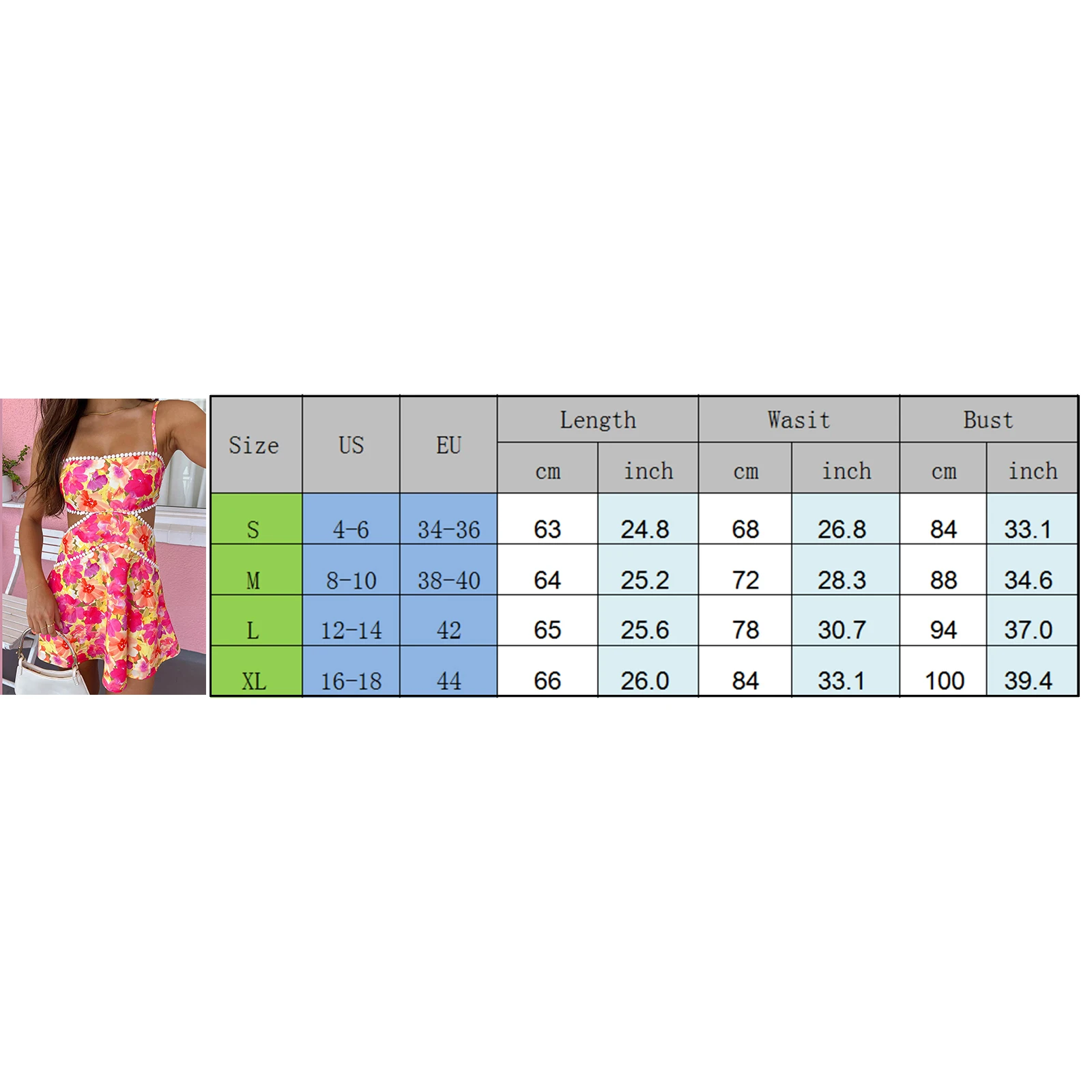 Sommermode für Damen, offener Rücken, Mini-Cami-Kleid, ärmellos, Ausschnitt, Blumendruck, Spaghettiträger