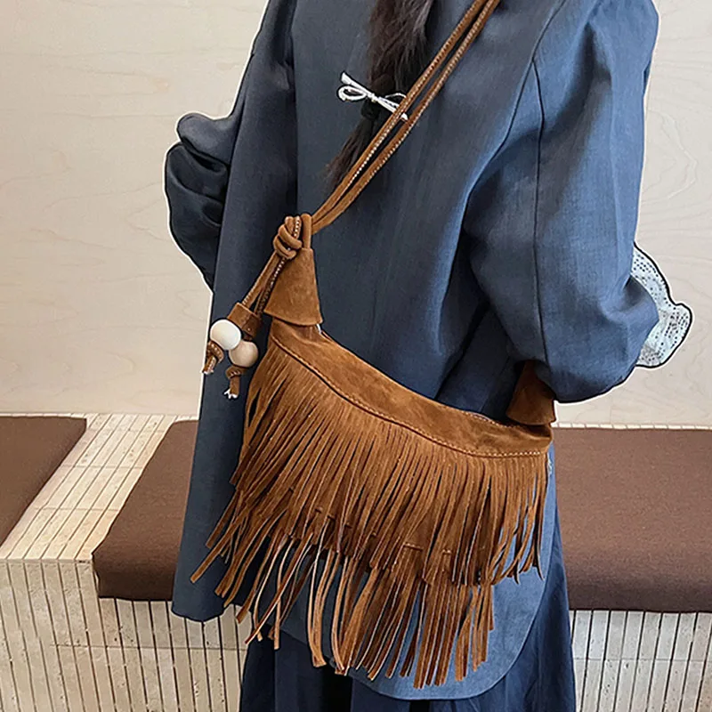 Borsa a tracolla smerigliata con nappa da donna 2025 Borse a tracolla singole versatili vintage autunno inverno Borsa sotto le ascelle con cerniera tinta unita