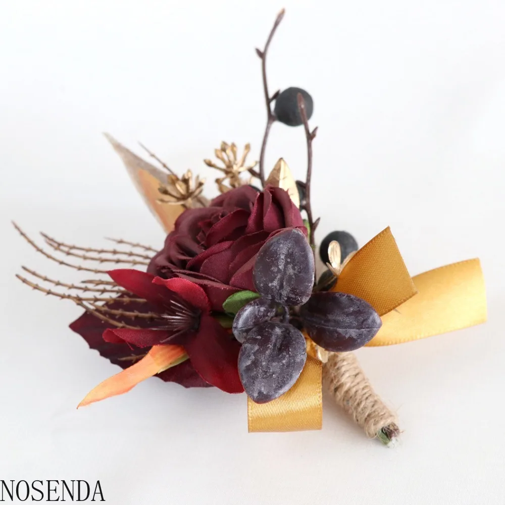 ブルゴーニュシルクローズ造花男性新郎ブートニア花嫁介添人手首コサージュブートニア結婚装飾