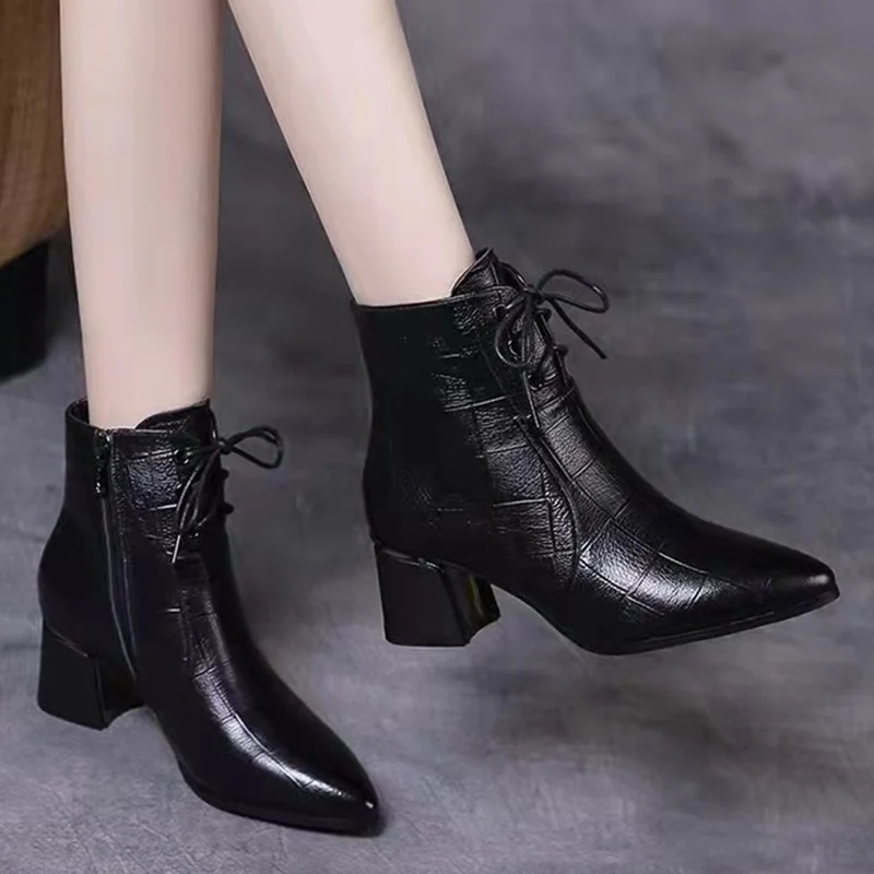 Pointed Toe Snow Ankle Boots for Women Mid Heels Fashion Pumps Winter Leather Lace Up Chelsea Boots 2024 Trend Goth Zapatos Lady