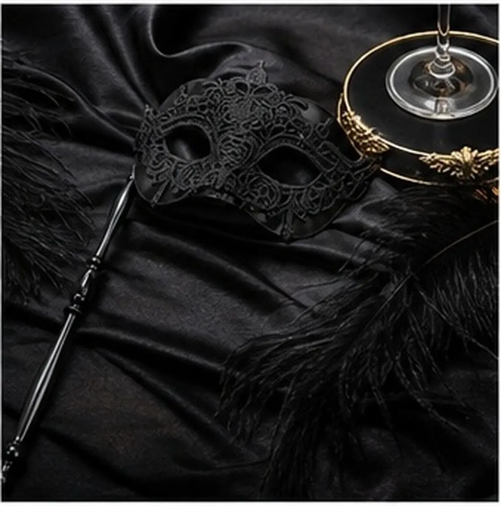 Decorative Half Face Masquerade Mask with Handle Elegant Lace Design for Halloween Party Carnival Ball Cosplay Stage Performance
