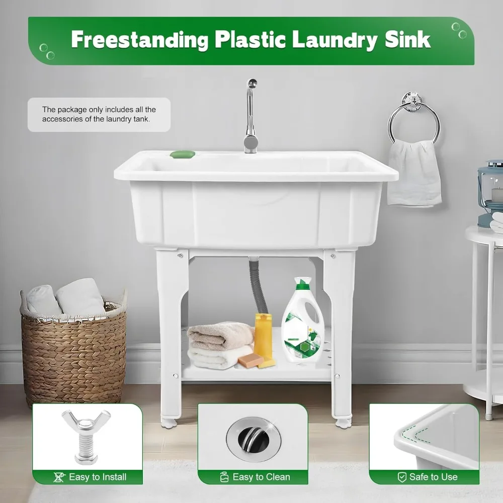32 Inch Freestanding Plastic Laundry Sink, Utility Sink Laundry Tub with Hot/Cold Faucet, 154lbs Capacity Slop Sinks for Basement, Garage, Outdoor Washing (White)