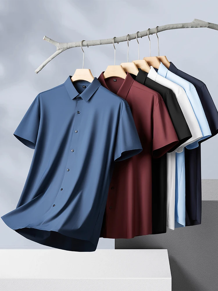 

2024 Summer New Men Shirt Ice Silk Quick Dry Short Sleeve Oversize Plus Size 8xl 10xl Formal Solid Casual Shirts Dropshipping