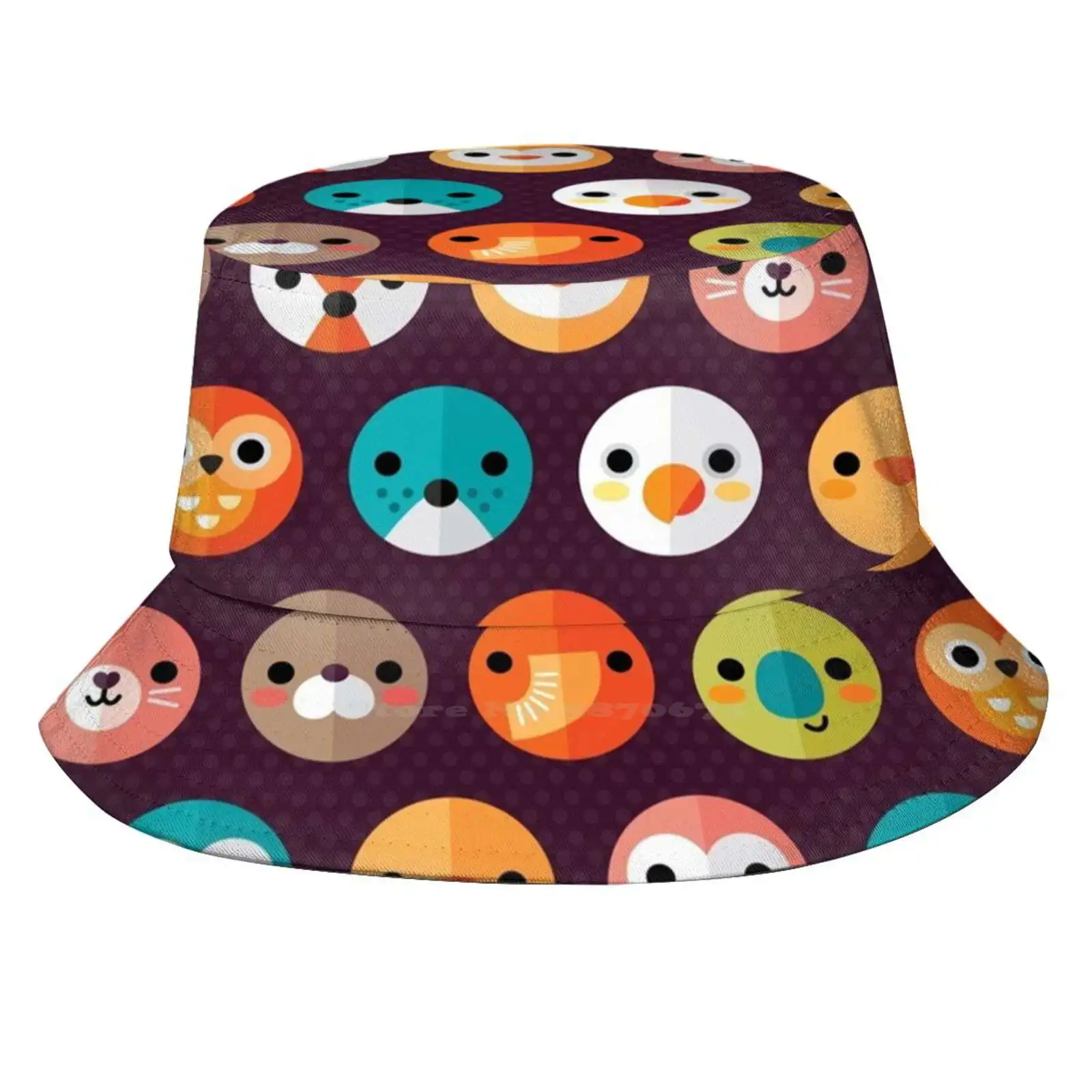 Faces Foldable Panama Bucket Hat Cap Cartoon Animals Pattern Faces Heads Circle Pet Fox Cat Kitten Kitty Dog Puppy Cockatoo