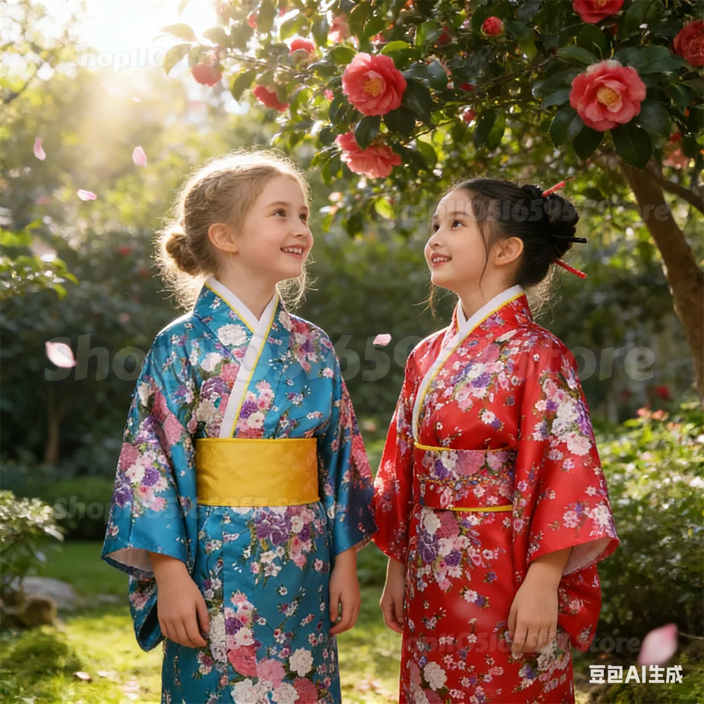 

2026 Asian Children Japanese Kimono Bathrobe Gown Japan Style Peacock Yukata Dress Obi Vintage Haori Halloween Cosplay Costume