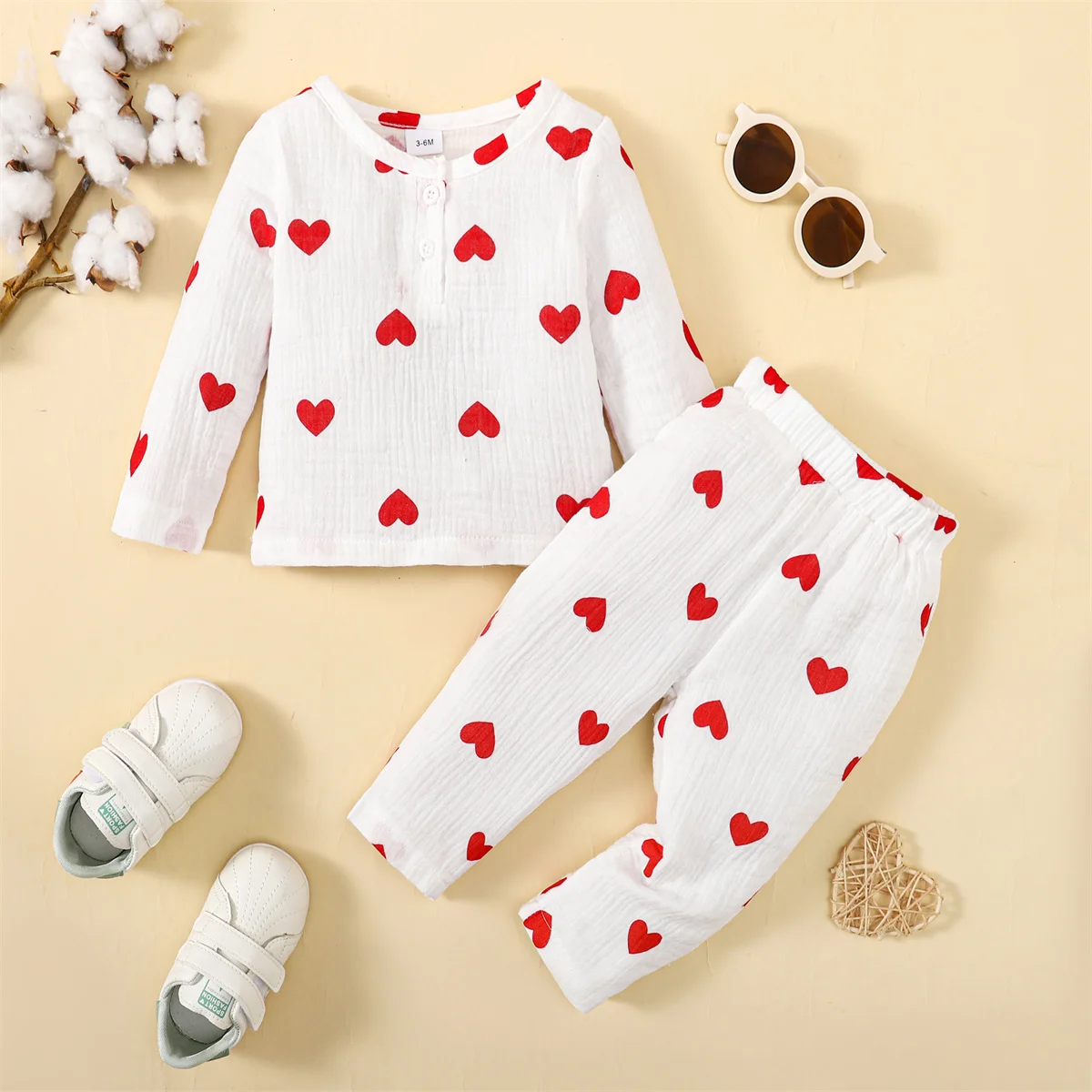 2PCS Infant Girl Clothes Set Heart Print Long Sleeved and Pants Cute Spring&Autumn Pajamas Outfit for Toddler​s Girl 3-24 Months