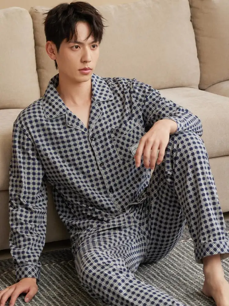 autumn-deer-ropa-de-dormir-de-algodon-puro-para-hombre-estilo-primavera-otono-suave-transpirable-manga-larga-pantalones-largos-cardigan-a-cuadros-para-exteriores-y-hogar