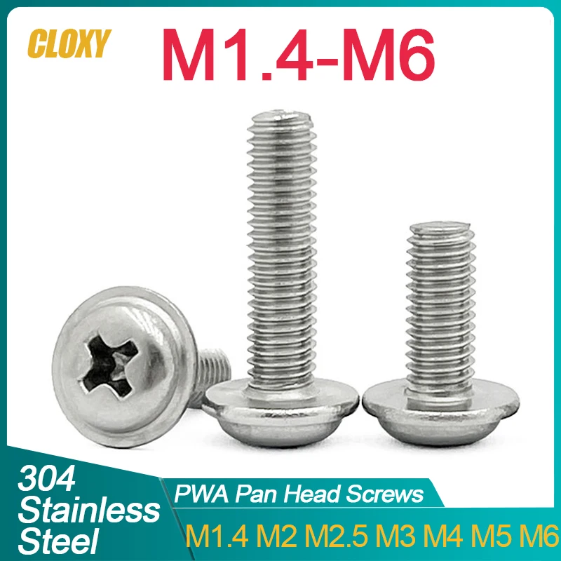 

10~100pcs 304 Stainless Steel Cross Phillips Pan Round Truss Head With Washer Padded Collar Screw Bolt M1.4 M2 M2.5 M3 M4 M5 M6