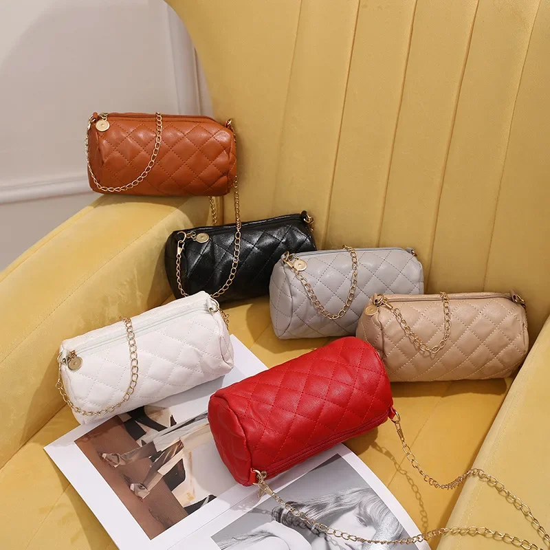 

Cylinder cosmetic bag 2024 new women's plaid bamboo bag diamond chain shoulder messenger bag