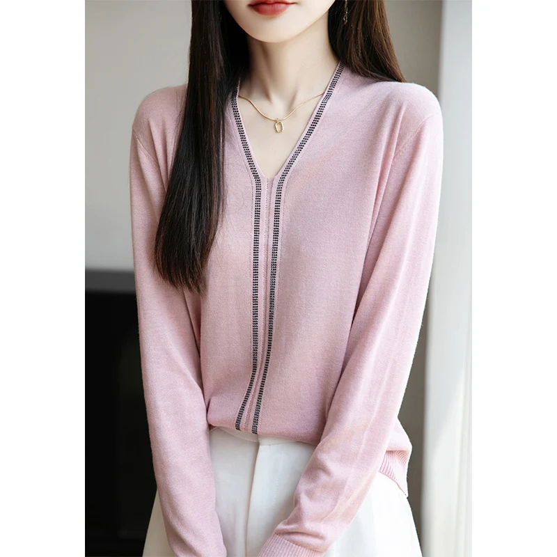 

2025 Hot Diamond Sweater Pullover Women Fashion Long Sleeve V-Neck Knitted Sweater Autumn Winter Temperament Office Lady Jumpers