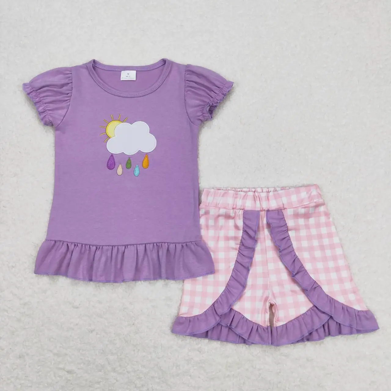 wholesale western boutique baby girls clothes Embroidery Rain and overcast purple lace short-sleeved pink-white plaid shorts set