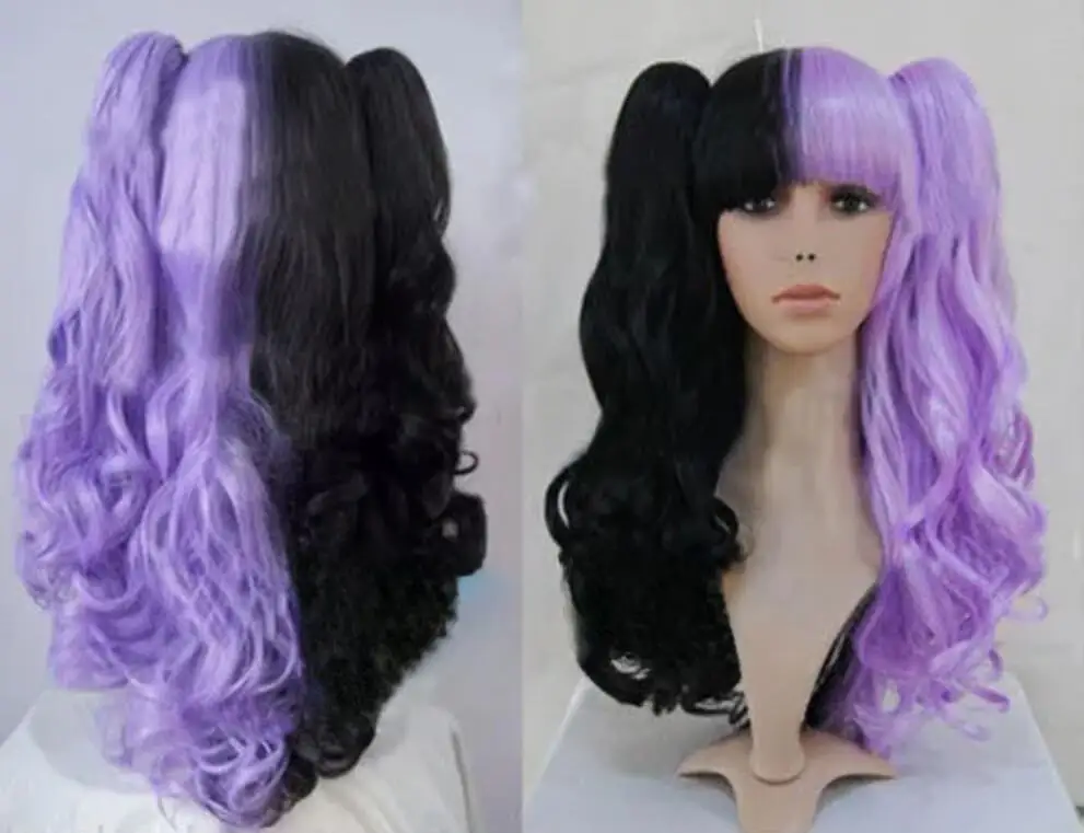 free shipping New Cosplay Lolita Split Type Purple Mixed Black Curly Heat Resistant Wig