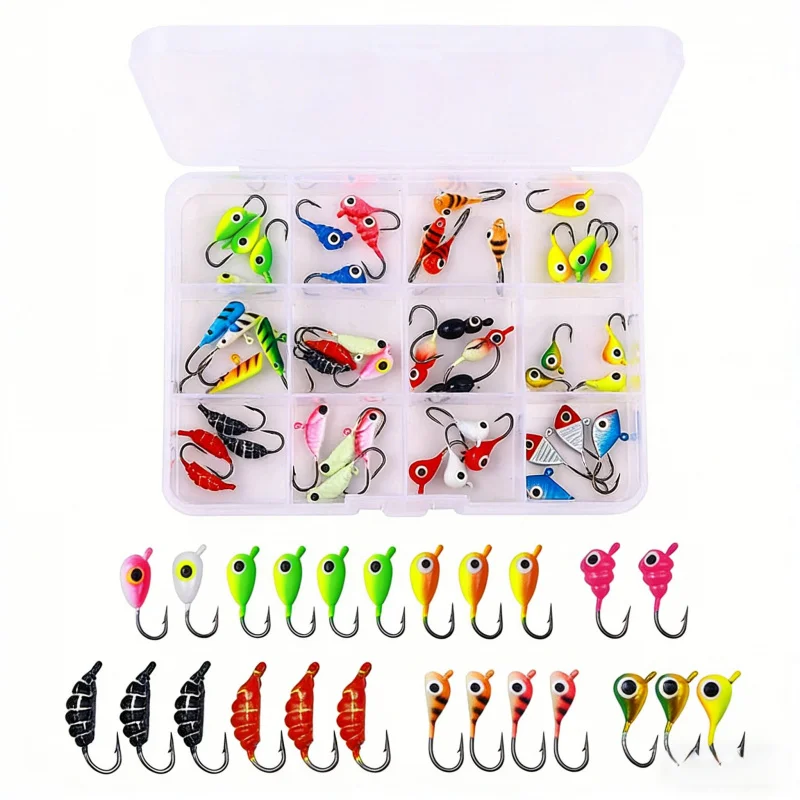 

Набор для зимней рыбалки: микро-мини металлические приманки, свинцовые головки, крючки, аксессуары для рыбалки в коробке