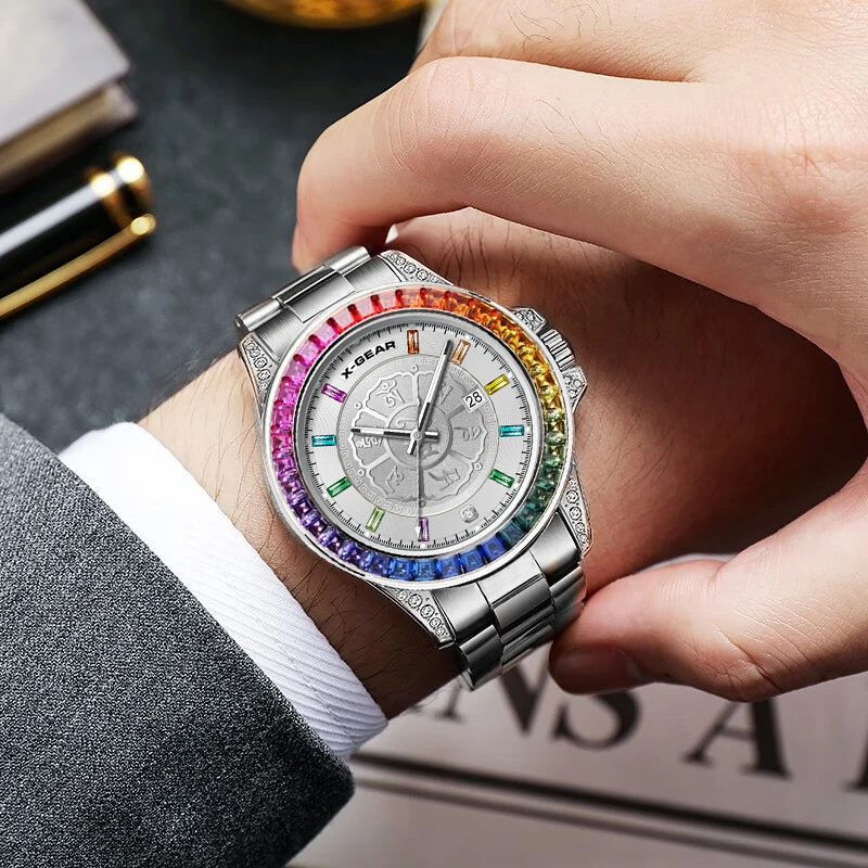 X-GEAR Rainbow bezel Fashion Colored Diamond High-quality Men's Quartz Watch  Big Three Hands Luminescent Waterproof