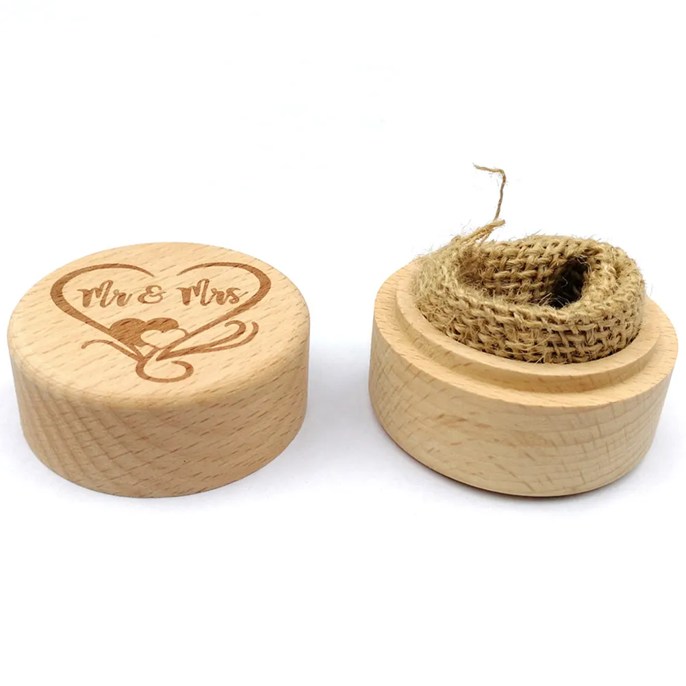 Rustic Vintage Wooden Round Ring Box Wedding Engagement Ring Holder Romantic Sweet Words Storage for Rings Necklace Earrings
