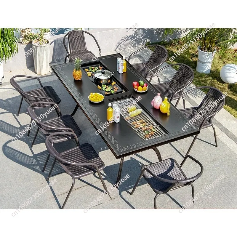 Outdoor tables and chairs, courtyard garden, terrace charcoal grilled electric grilled long table wrought iron home, barbecue