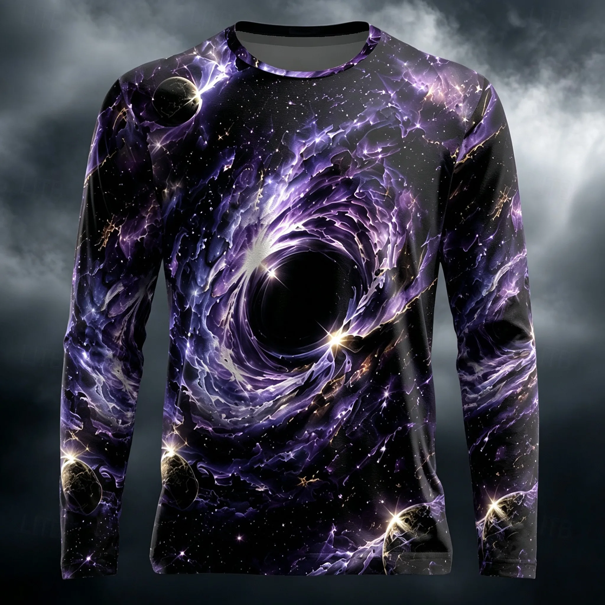 Men's Long Sleeve T-Shirt 3D Black Hole Galaxy Nebula Planet Print Crew Neck Cosmic Casual Tops