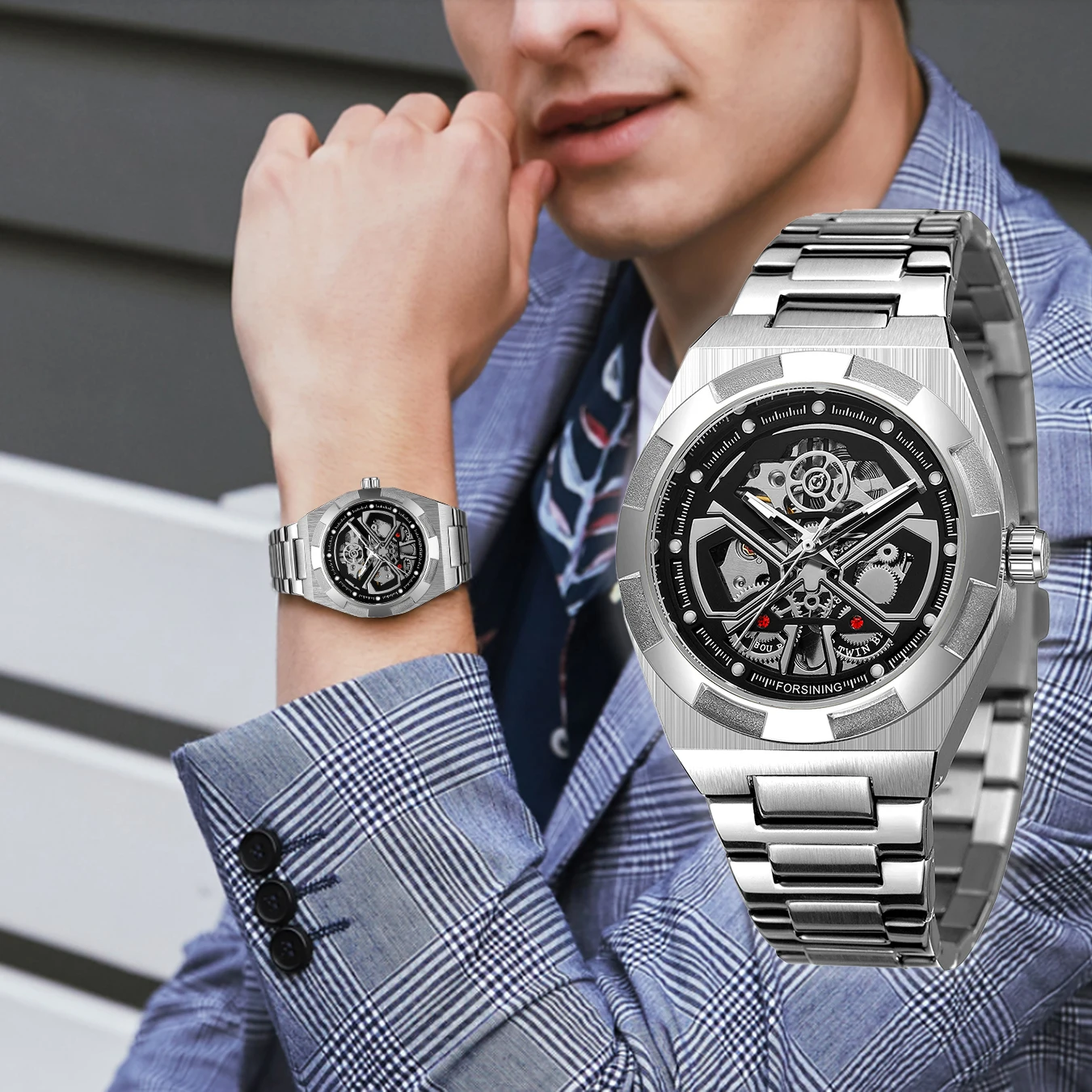 Forsining 8272 Gold Automatic Watch for Men Skeleton Classic Style Stainless Steel Waterproof Luxury Brand Luminous Wristwatches