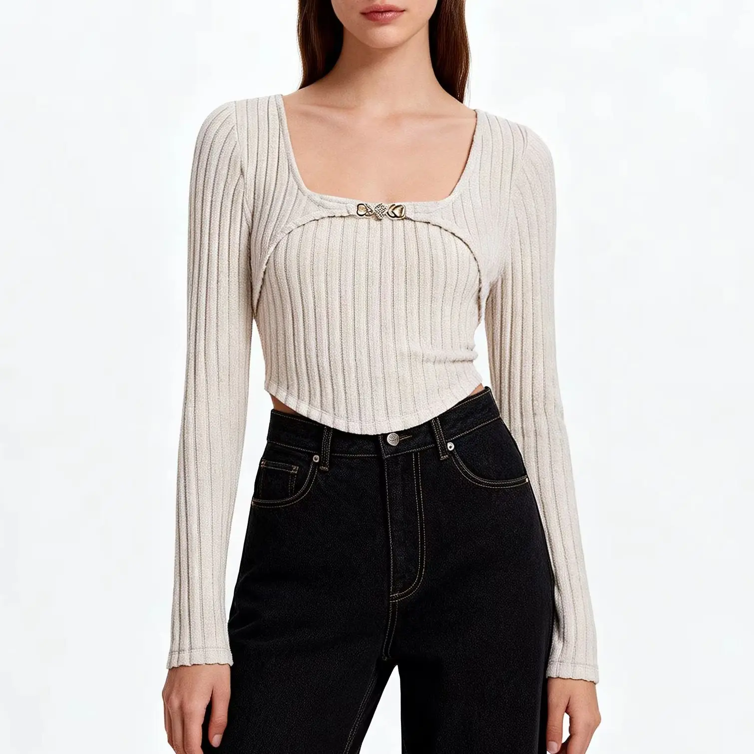 Women Slim Fit Square Neck Sexy Waist-Cinching Short Top Spring Summer Long Sleeve Charming Tunic Blouse Shirt Women's Tops