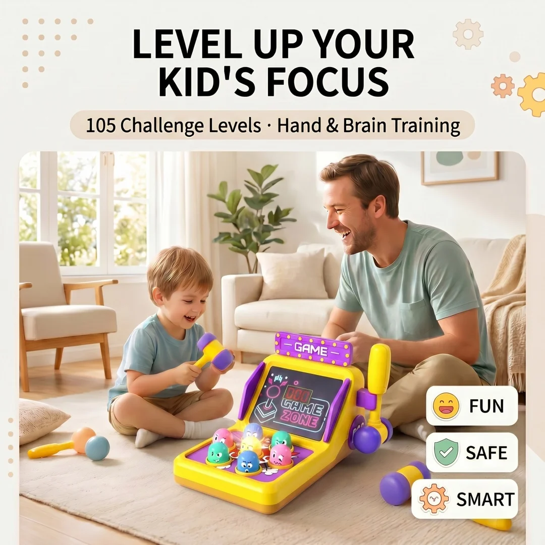 Kids Hammer Light Up Monster Challenge Game Console, 105 Levels Educational Reaction Training Toy, Smooth Non-Toxic ABS, Parent-Child Interactive Desktop Arcade Toy, Perfect Birthday Holiday Gift For Boys Girls Ages 3+