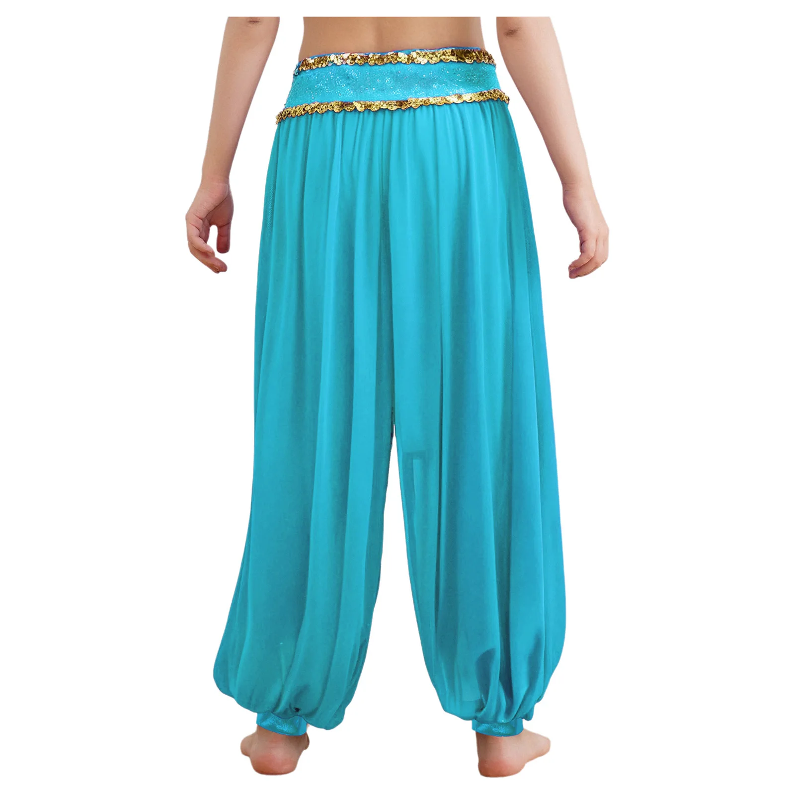 Pantaloni da danza del ventre per ragazze per bambini Paillettes scintillanti Cintura con cerniera laterale Bloomers in rete trasparente Festa a tema Halloween Abbigliamento da ballo indiano