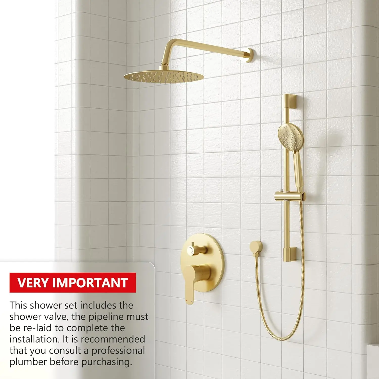

High-Pressure Slide Bar Shower Faucet Set In Brushed Gold Featuring Rain Head & 5-Setting Handheld 2-Way Pressure Balance Valve