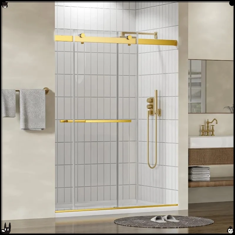 Porta doccia con chiusura morbida da 56-60 pollici di larghezza - Doppio cursore senza telaio dorato, vetro da 8 mm