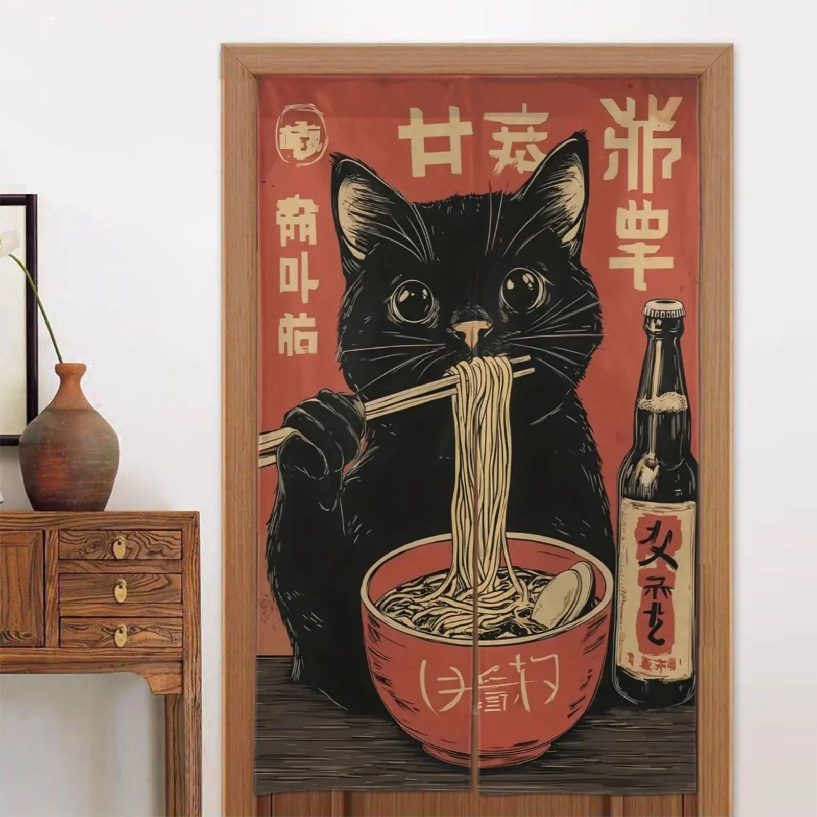 Japanese Cat Eating Ramen Door Curtain Noodle Art Decor Retro Kitchen Partition for Home