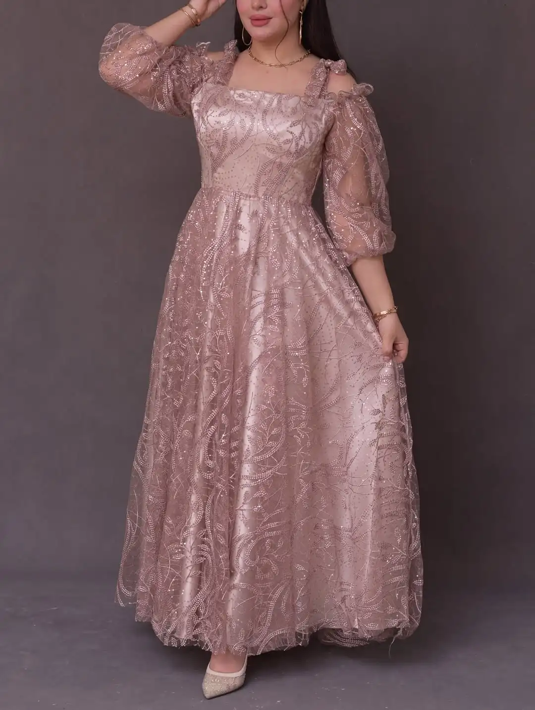 Nowa Sukienka Wieczorowa/Studniówkowa/Sukienka Druhny z Odkrytymi Ramionami, Cienkimi Ramiączkami, Brokatowymi Cekinami, Haftem i Drapowaniem w Kształcie Litery A