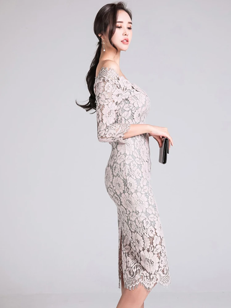 Korean Style Fashion Lace Dress Women Elegant Chic Sexy Low Cut Bodycon Midi Robe Evening Party Prom Vestidos Banquet Clothes