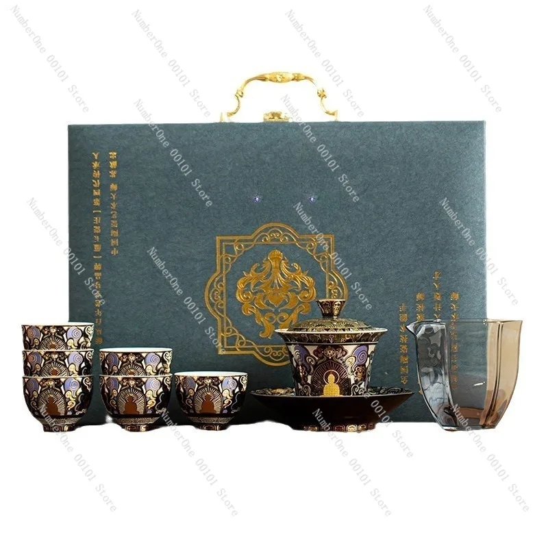 

Dunhuang style black thangka heat-resistant ceramic kung fu tea bowl set with lid,gold and silver inlay high-end tea ceremony