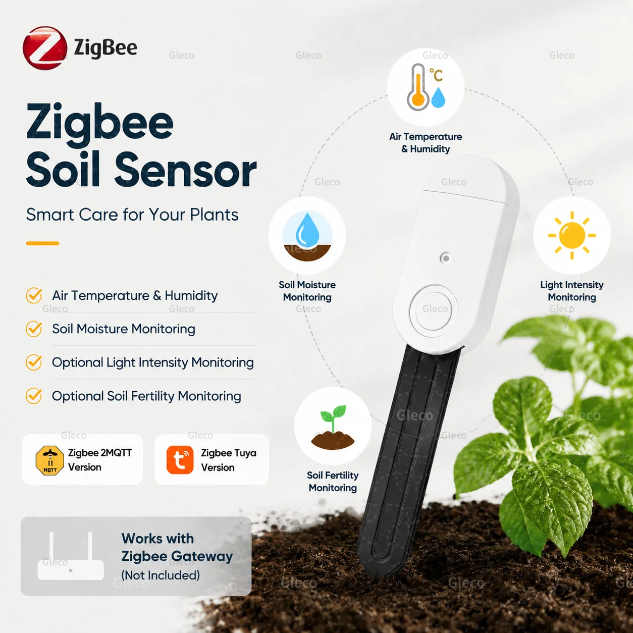 Zigbee Bodenfeuchtigkeitssensor, Temperatur- und Luftfeuchtigkeitsmesser, Fruchtbarkeits- und Lichttester für Tuya Smart Life Z2M Home Assistant Automation