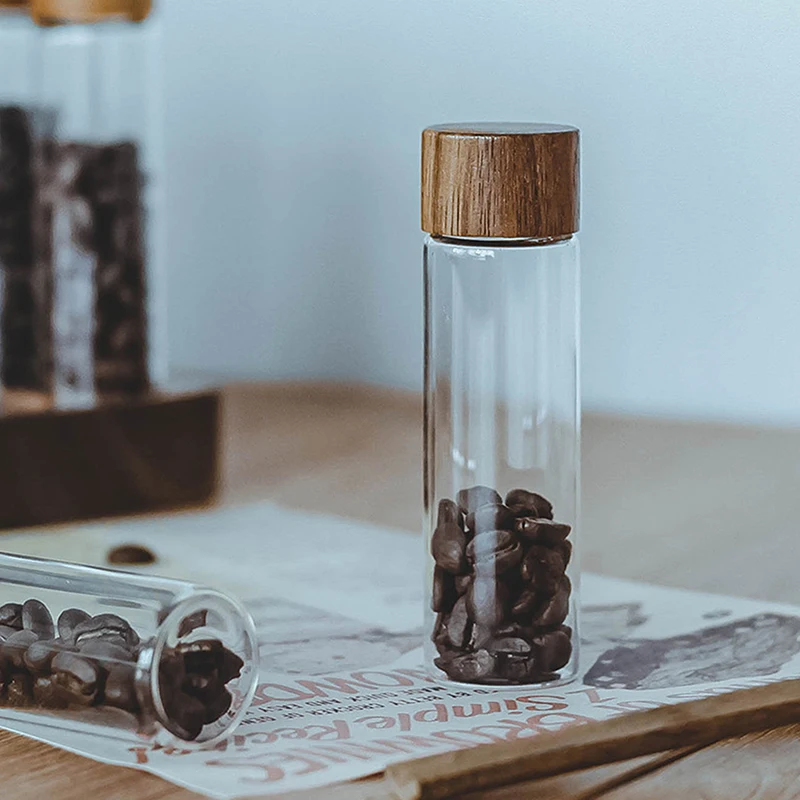 Coffee Bean Glass Tube With Wood Tool Bottled Tubes Grain Storage Wooden Sealed Airtight Canisters Tea Caddy Storage 10.6*3cm