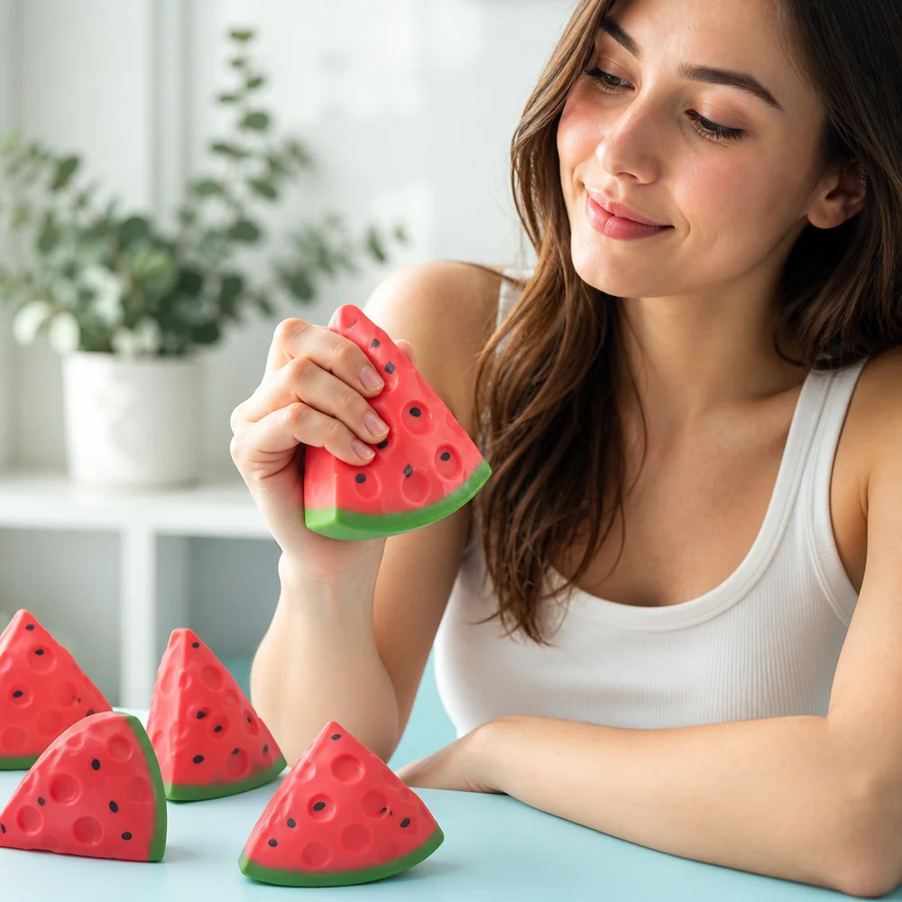 New TPR Watermelon Squishy Red Watermelon Pattern Triangle Cheese Squishy Soft Squeeze Triangle Shape Squeeze Sensory Play