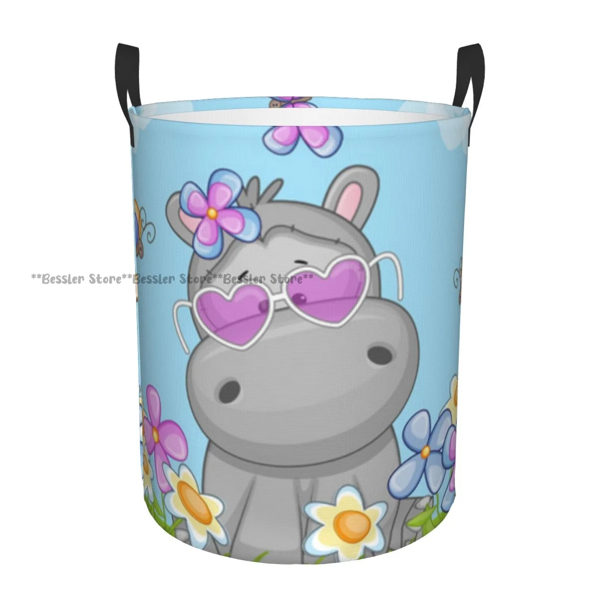 

Cute Hippo With Flowers And Butterflies Waterproof Storage Bag Household Dirty Laundry Basket Folding Clothes Organizer