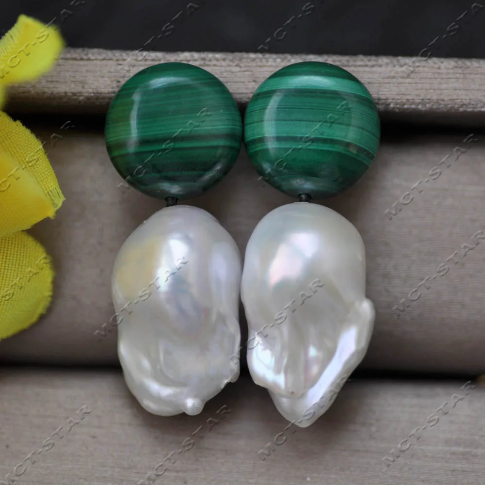 Z14635 23mm White Baroque Reborn Keshi Pearl Natural A+ Green Malachite Dangle Earring
