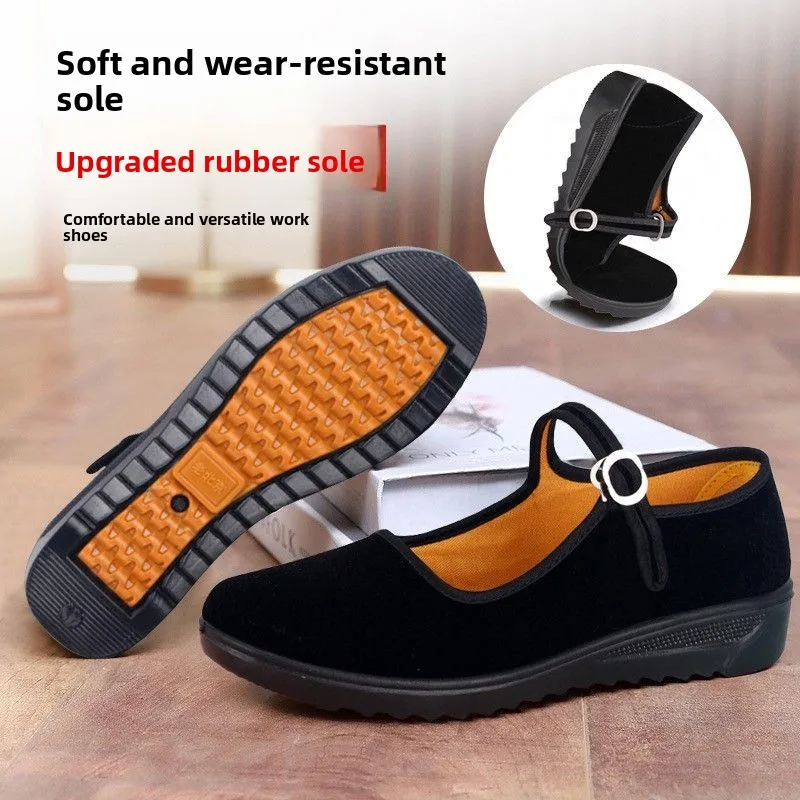 

Beijing Ladies Black One-Strap Work Shoes Dance Slope Heel Traditional Cloth Shoes Comfortable Flat Bottom Rubber Sole Shoes