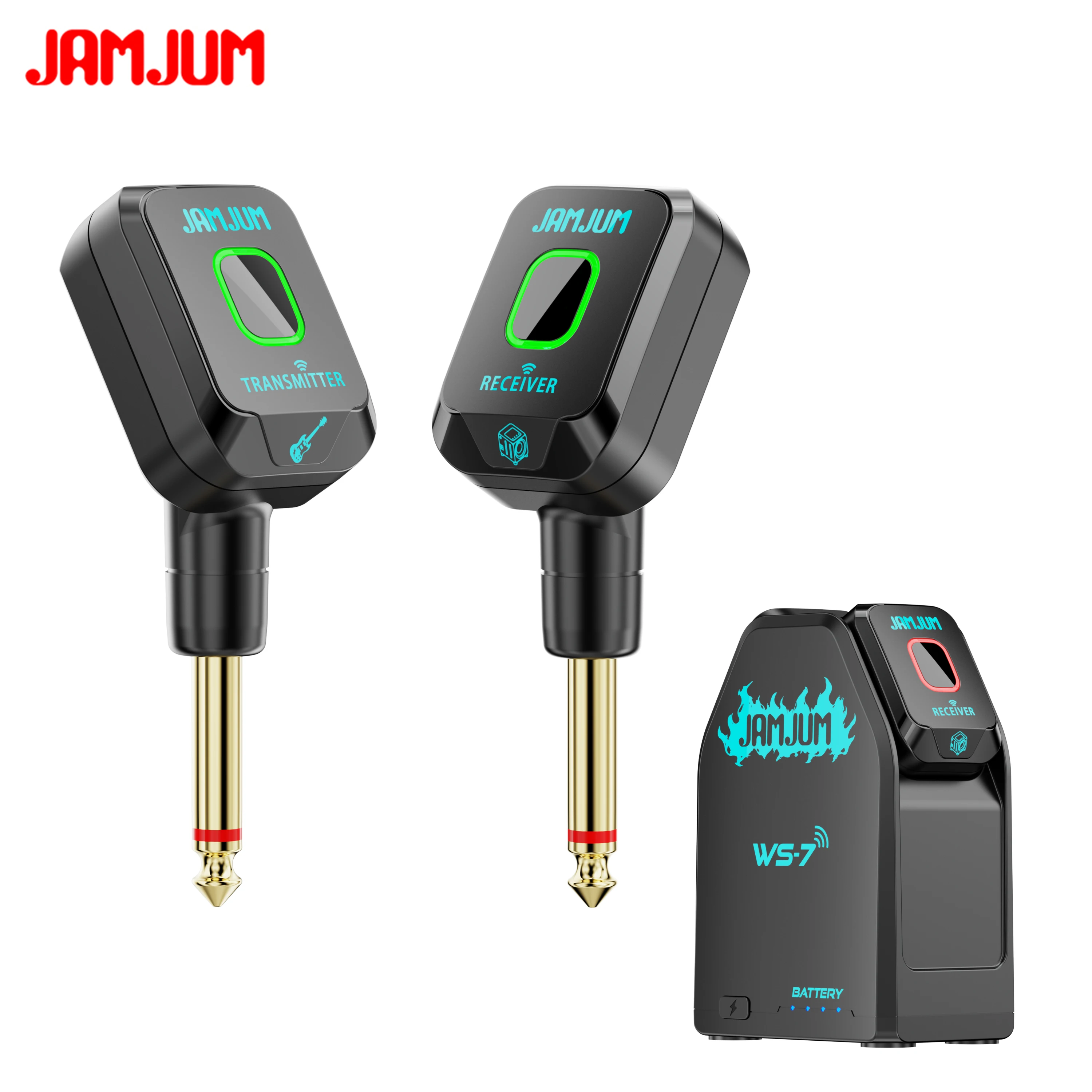 JAMJUM WS-7 Wireless Instrument System – 50m/20m Range, 5ms Low Latency, USB-C Charging, for Electric Guitar/Drum/Synth