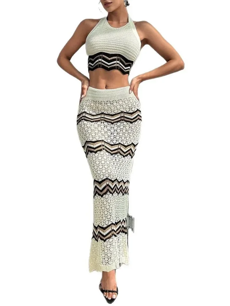 Bademode Rock Cover-up 2-teiliges Set Frauen Crop Tops und langen Rock Badeanzug Fashion Solid Hohl Sexy Strand Cover Up Outfits