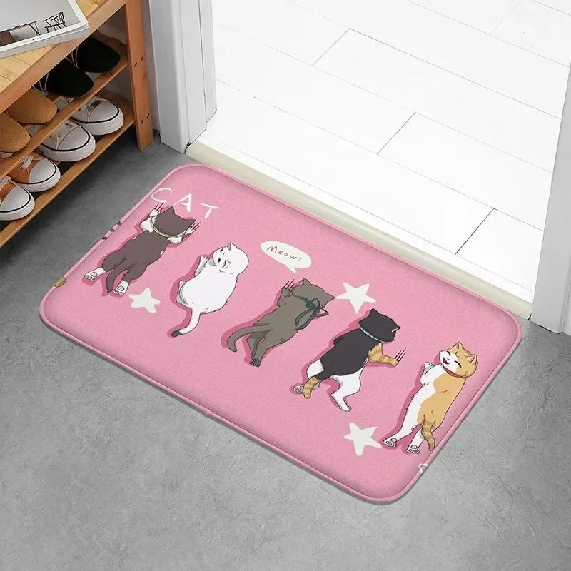 VIKAMA Sweet Pink Background Multiple Cartoon Cats Pattern Anti-slip Doormat Soft Household Entryway Bathroom Decorative Carpet