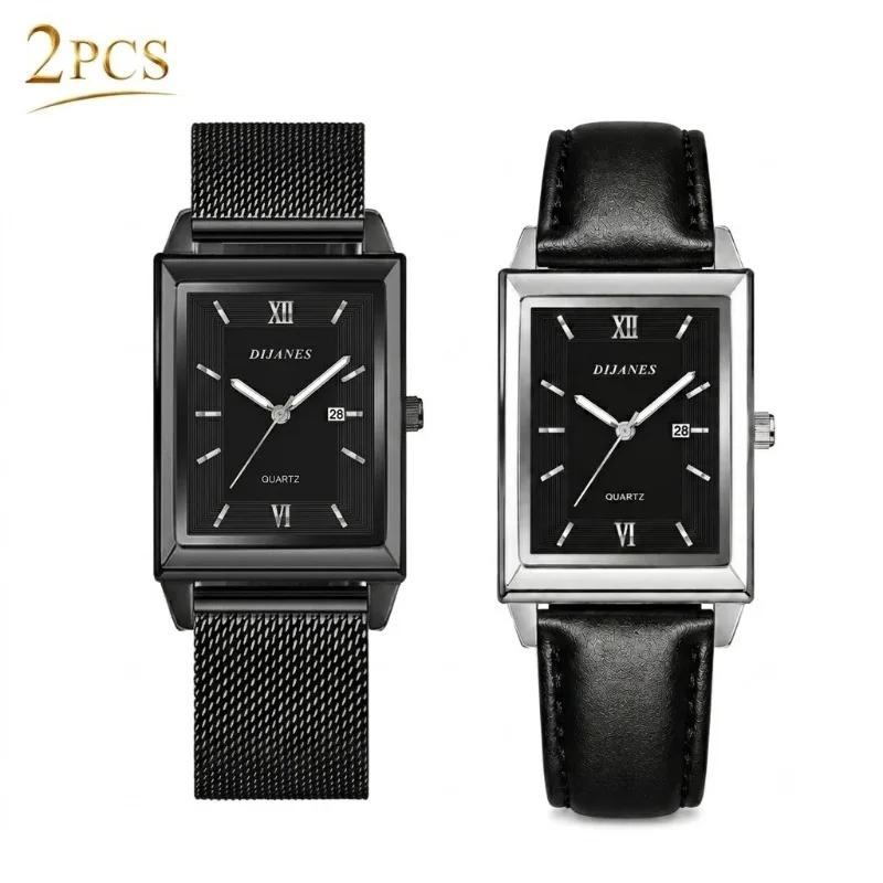 Vintage Rectangle Matching Lover Watch Set Fashion Simple Quartz Wristwatch Casual Business Leather & Mesh Strap Couple Watch
