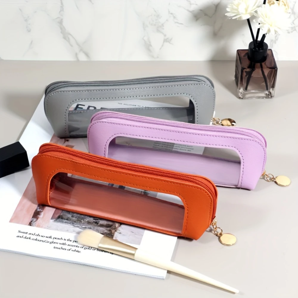 Portable Makeup Pouch, Cosmetic Pen & Lipstick Bag, Purse-sized With Transparent Window, Zipper Closure, Elegant Design