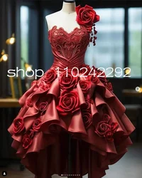 Burgundy One Shoulder Tea-length Prom Dresses 3D Rose Tea Corset Ruched Masquerade Evening Gown Costume Victorian