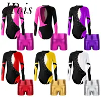 Trajes de Ballet de retales de manga larga para niñas, leotardo de gimnasia con pantalones cortos metálicos brillantes para mono de gimnasia y baile
